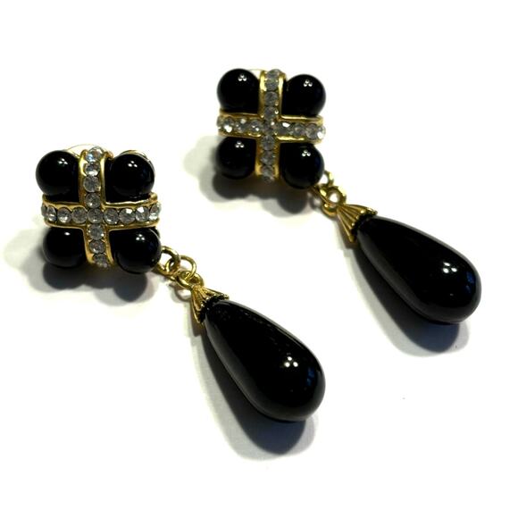 Elegant pierced earrings black enamel & white rhinestones drop & dangle style - Picture 6 of 6